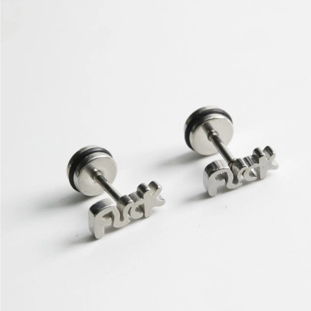 Single Accent Unisex Fashion Stainless Steel Letter Ear Stud Earrings Women Men - Picture 5 of 6